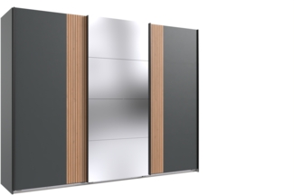 Schwebetürenschrank >Malaga< Spiegel / Graphit & Akustiklamelle Artisan Eiche - 270x208x64cm BxHxT