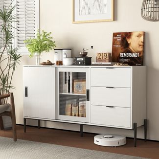 Sideboard 2 Türen x 3 Schubladen, Weiß mit geripptem Glas, Konsolenschrank – eleganter Aufbewahrungs‑ und Ablagetisch,155*40*91.5 cm