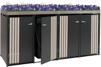 4er-Mülltonnenverkleidung HWC-O67, Mülltonnenbox mit Pflanzkasten, Metall 125x260x84cm 95kg ~ anthrazit Holzoptik hell