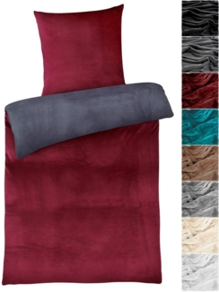Carpe Sonno Bettwäsche Cashmere-Touch Bettwäsche 135x200 cm aus 100% Polyester, Microfaser-Fleece, 2 teilig, Warme kuschelige Uni Wende Bettwäsche einfarbig Anthrazit Rot
