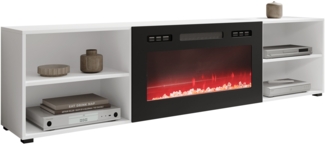 TV-Lowboard Polo 200 mit Kamin (Farbe: Weiß / Weiß + Schwarz Hochglanz)