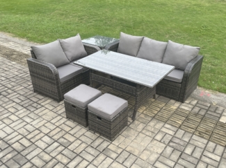 Fimous Terrassenmöbel Set Polyrattan Langer rechteckiger Esstisch und Lounge Sofa set mit Beistelltisch 2 kleine Fußhockern Dunkelgrau gemischt