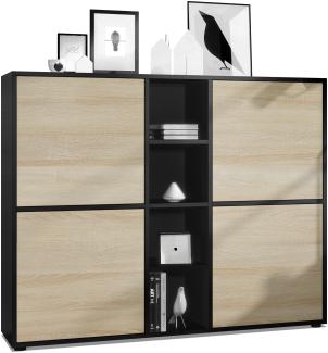 Vladon Highboard Cuba V3, Schwarz matt/Eiche sägerau - Moderne Anrichte mit 12 Fächern (130,5 x 105,5 x 35,5 cm)