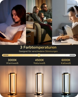 EDISHINE LED Nachttischlampe Touch Dimmbar, LED fest integriert, Tischlampe aus Metall, 3 Farbtemperaturen