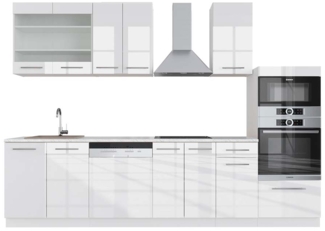 Küchenzeile Fame-Line Weiß Hochglanz/Weiß 300 cm mit Hochschrank, AP Marmor Vicco