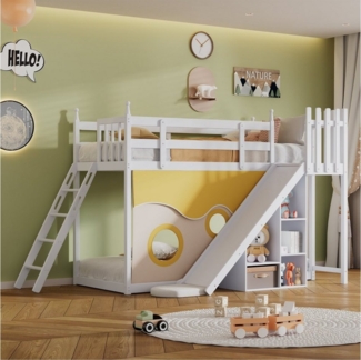 OKWISH Bett Kinderbett, Etagenbett, Holzbett mit Treppe und Zäune (mit Bettvorhang, Rutsche und Regal, mit Fallschutz und Gitter, Rahmen aus Kiefer, 90x200cm), Ohne Matratze