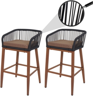 2er-Set Rope-Barhocker HWC-O22, Outdoor Sitzpolster Seilgeflecht Metall Holz-Optik ~ anthrazit, Kissen taupe