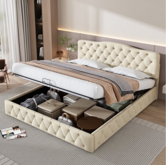 REDOM Polsterbett Doppelbett Bett hydraulisches Funktionsbett (mit Lattenrost und höhenverstellbares Kopfteil, 180x200 cm), Einfache Montage, Samt,beige
