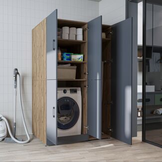 Roomart Waschmaschinenschrank - SERIE DORA-2- 115 cm breit – Waschturm für Waschmaschine & Trockner mit Regalböden – Überbauschrank für Waschküche & Hauswirtschaftsraum – ohne Aufsatzschrank - 1x Regalböden - Anthrazit Eiche