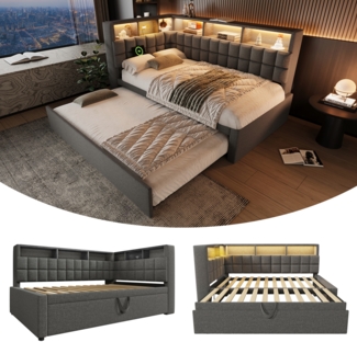 Leinen Polsterbett, mit Ausziehbett LED Bluetooth USB Type-C Ladeanschluss L-Kopfteil mit Stauraum ohne Matratze, Leinen, Grau, 90 x 200 cm