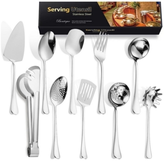 SURFOU Geschirr-Set 10-tlg. Servierbesteck Edelstahl, Flachschaufel, Nudelheber usw, Für Buffet, Grill: Schöpflöffel, Schaumlöffel, Spülmaschinenfest