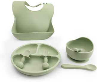 Baby-Silikongeschirr-Set, bestehend aus lebensmittelechtem Silikon-Schüssel mit Saugnapf, Trennteller, Gabel, Löffel und Lätzchen – hellgrün