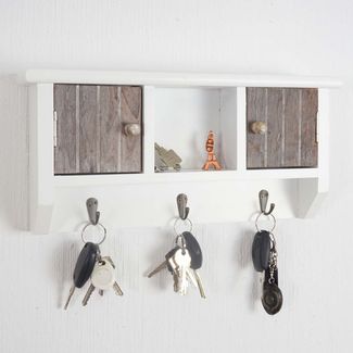 Schlüsselbrett HWC-A48, Schlüsselkasten Schlüsselboard mit Türen, Massiv-Holz MVG-zertifiziert ~ shabby braun-weiß