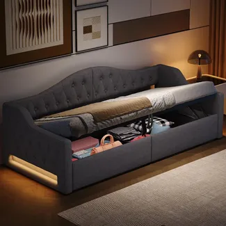 Schlafsofa mit Bettfunktion, LED-Beleuchtung, Lattenrost, Armlehnen und Rückenlehne, 90x200cm, Einzelbett, Polsterbett, Stauraumbett