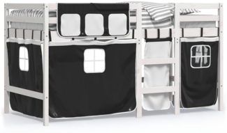 vidaXL Kinderhochbett mit Vorhängen Weiß Schwarz 90x190 cm Kiefernholz 3283829
