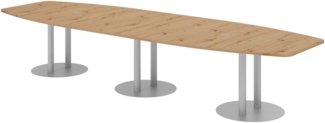 bümö Konferenztisch oval 400x130 cm großer Besprechungstisch in Asteiche, Besprechungstisch mit Gestell in Silber, Meetingtisch für 14 Personen, XXL-Tisch für Besprechungsraum & Meeting, KT40S-R-S