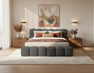 yourhouse24 Polsterbett Boston Slim Bouclé kompaktes Wolkenbett mit Bettkasten, Bubble-Optik & Japandi