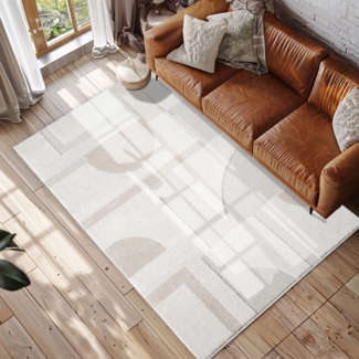 Teppich Wohnzimmer - 120x170cm Creme Hochtief Struktur Flachflor - Geometrische Muster Boho Wohnteppich