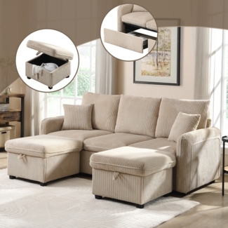 Merax Multifunktionale Ecksofa U-Form-Dreisitzer Polster-Sofa mit Staufunktion – Inklusive Schubladen + Hocker mit Staufach, modular zerlegbares Sofa-Set mit Schlaffunktion, Cord-Stoff, Beige
