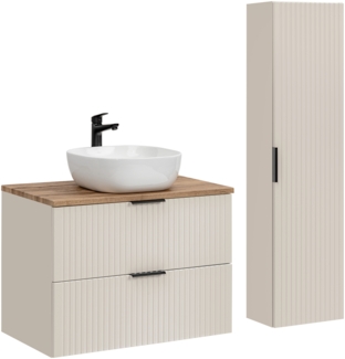 ADEL CASHMERE Badmöbel-Set 80 cm mit einer Waschtischplatte, 1 Smile-Aufsatzwaschbecken und einem Hochschrank (46x80cm), Kaschmir matt,Eiche Wotan