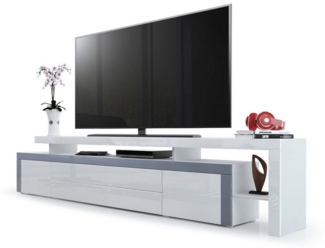 Vladon Lowboard Leon (TV-Kommode, mit zwei Türen, zwei Schubkästen und einem modernen Überbau), Weiß matt/Weiß Hochglanz/Grau Hochglanz (227 x 52 x 35 cm)