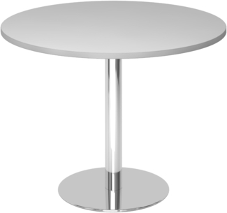 bümö Besprechungstisch, Esstisch klein, Tisch rund 100 cm - kleiner Esstisch grau, Rundtisch Esstisch 2 Personen mit Holz-Platte, Säule aus Metall verchromt, Konferenztisch, Bistrotisch, STF10-5-C