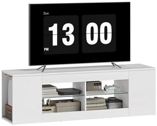 HOMCOM TV Schrank Lowboard 140 cm lang für Fernseher bis zu 65 Zoll, Fernsehtisch mit 6 Fächern, 2 Glasregalen für Wohnzimmer Weiß