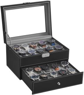 SONGMICS Uhrenbox, Uhrenkasten mit Glasdeckel, 2 Ebenen, Uhrenkoffer mit herausnehmbaren Uhrenkissen, Uhrenschatulle, Geschenkidee, PU-Bezug in Schwarz, Samtfutter in Grau JWB020