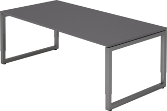 bümö höhenverstellbarer Schreibtisch R-Serie 200x100 cm in graphit, Gestell in Graphit - großer PC Tisch für's Büro manuell höhenverstellbar, Computertisch verstellbar, RS-2E-G-G