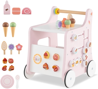 Holz Lauflernwagen mit Stauraum Lauflernhilfe auf Rädern Dessertladen mit Eiscreme Rosa