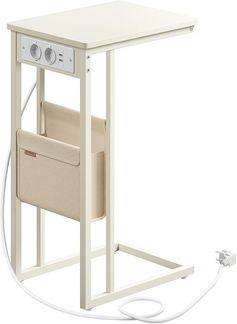 Vasagle Beistelltisch, Nachttisch mit Steckdosen, C Form, Couchtisch für kleine Räume, 2 USB-Anschlüsse, 2 AC-Steckdosen, Aufbewahrungstasche, verstellbare Füße, cremeweiß