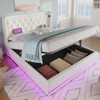 Polsterbett 140x200 cm aus PU mit Stauraum, 3-seitiger LED-Beleuchtung und USB/Type-C-Ladefunktion