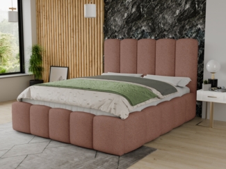 Polsterbett Aura - Bettkasten mit Gasdruckfedern - Doppelbett mit Lattenrost, Bett mit Polsterkopfteil, Bettgestell, Schlafzimmer, Bouclé-Stoff (160x200 cm, Rosa (Coral 45))