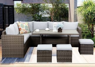 MeXo Loungeset Rattan Gartenmöbel Set 8 Personen Wetterfest, (Esstisch breit 132x76x67cm, 7-tlg, Belastbarkeit pro Sitzplatz bis zu 140kg), Gartenlounge Set mit Esstisch, Verbreiterte Armlehne, Stahl/Polyrattan