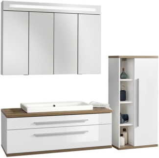 Fackelmann STANFORD Badmöbel Set 4-teilig, 110 cm breit, Weiß, Keramik+Spiegelschrank+Midischrank