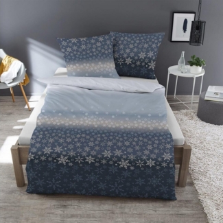Dormisette Fein Biber Bettwäsche 135x200 Eiskristalle Sterne blau 6264-50