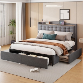 Flieks Polsterbett, Doppelbett 160x200 cm mit USB-Ladeanschluss + 4 Schubladen Leinenstoff