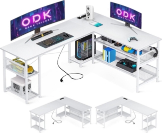 Gaming Schreibtisch L-Form Weiß mit Stauraum und USB-Anschlüssen