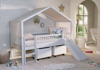 FORREST Buche Spiel-Hausbett 90 x 200 cm, inkl. Lattenrost, Dachaubau, Rutsche, 2 Rollboxen und Textilhimmel, Ausf. Buche massiv weiß lackiert