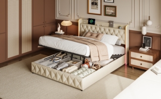 Gasdruckbett mit LED-Beleuchtung und PU-Bezug, 160x200cm Beige Samt