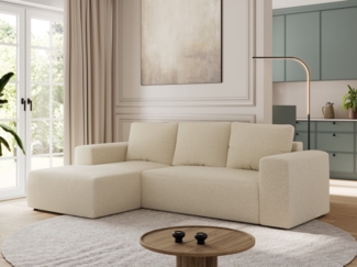 Ecksofa mit Schlaffunktion, Bettkasten und losen Kissen für das Wohnzimmer - TRENTINO - Beige Boucle - links