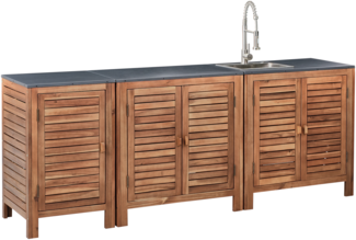 Outdoor-Küche 3er Set mit Spüle BRUCOLI Akazienholz Braun Silber