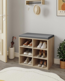 Schuhbank, Schuhregal mit Sitzfläche, Sitzbank mit Stauraum, Kissen, 6 Fächer, 60 x 30 x 52,7 cm, verstellbare Ablagen, für Wohnzimmer, Flur, Schlafzimmer, Weißeiche