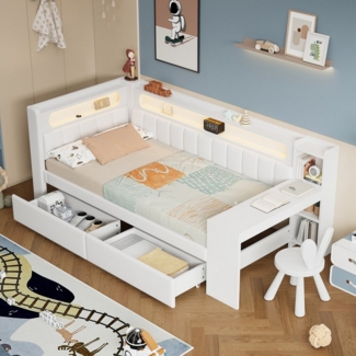 Flieks Daybett, Polsterbett 90x200cm mit 2 Schubladen, USB, LED und Schreibtisch