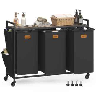 VASAGLE Wäschekorb, Wäschesammler, Wäschesortierer, Rollen, Wäschewagen mit Ablage, kleine seitliche Taschen, 6 Etiketten, 3 Fächer, 150 L, tintenschwarz-aschbraun