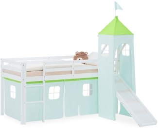 Hochbett Kinder 90x200 cm mit Rutsche Kinderbett Kinderhochbett Stockbett Vorhang Turm Grün