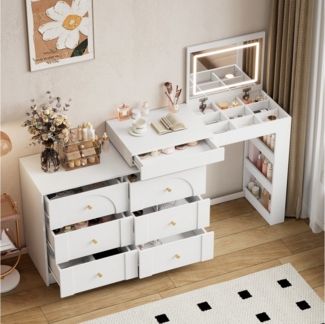 Ulife Schminktisch Drehbarer Kosmetiktisch Frisiertisch,Bürotisch mit LED-Beleuchtung, 7 Schubladen, L-Form, 105 x 40 x 80 cm