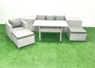 Fimous Polyrattan Gartenmöbel-Set Outdoor 6 Sitzer mit Glasplatte Esstisch 2 Beistelltischen Hellgrau gemischt