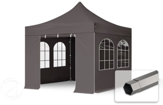 3x3 m Faltpavillon, PREMIUM Stahl 40mm, Seitenteile mit Sprossenfenstern, dunkelgrau