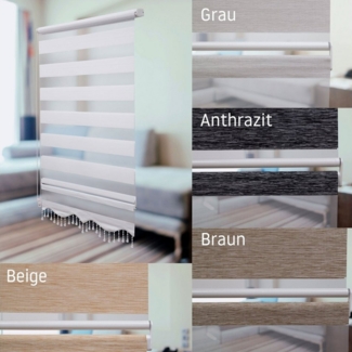 Doppelrollo Klemmfix Doppelrollo mit Perlen Volant in versch. Farben, Plisseeonline, blickdicht, Klemmträger Montage auf dem Fensterrahmen, Freihängend, Klemmfix, Mit Perlen, Aluminium Schiene, Weiß, Grau, Beige, Braun, Anthrazit